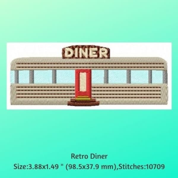 Retro Machine Embroidery, 50s Diner Embroidery Design, Vintage Themed Designs, 50's Nostalgia, Retro Restaurant, Car Hop