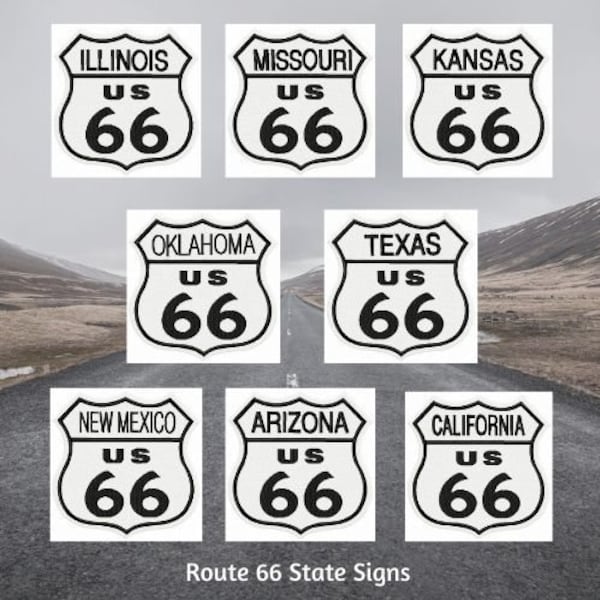 Digital Machine Embroidery Route 66 State Signs, The Mother Road, Get Your Kicks, America's Highway, Rt 66 State Shield Embroidered Design