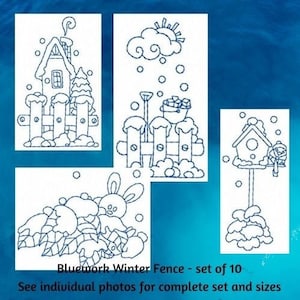 DIY Machine Embroidery Card Design Set, Bluework Winter Fence Embroidery Design, Instant Download Embroidery for Cards, Snow Embroidery