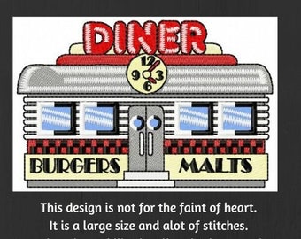 Retro Machine Embroidery, 50s Diner Embroidery Design, Vintage Themed Designs, 1950's Nostalgia, Retro Restaurant, Car Hop