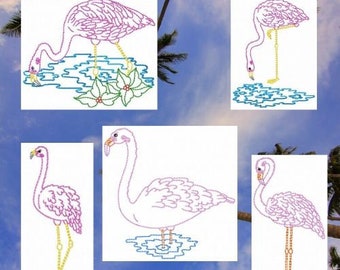 Machine Embroidery, Colorline Flamingos Embroidery Designs, Instant Download, Bird Embroidery, Tropical Redwork Embroidery