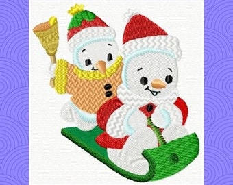 Ricamo a macchina, Disegni di ricamo di pupazzi di neve in slitta, Download istantaneo, Ricamo stagione invernale, Ricamo festivo, Neve, Slitta