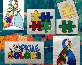 Machine Embroidery, Autism Awareness Embroidery Designs, I See Your True Colors, Applique Puzzle Pieces, Autism Ribbon Design