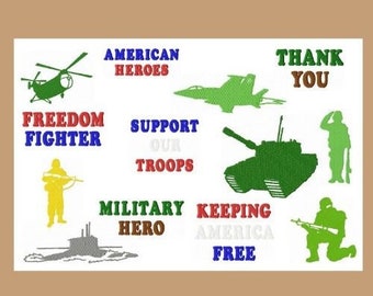 Maschinenstickerei, Armee Silhouetten Stickmuster, sofortiger Download, Militärstickerei, Unterstützung unserer Truppen, Armee Designs