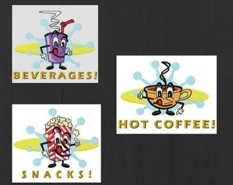 May include: Three retro-style cartoon characters representing a drive-in movie theater. The characters are a cup of coffee, a popcorn bucket, and a cup of soda. The characters are all smiling and have arms and legs. The text "BEVERAGES!" is above the soda cup, "HOT COFFEE!" is above the coffee cup, and "SNACKS!" is above the popcorn bucket. The text "Retro Drive In Movie Characters" is below the images. The text "Offered in 2 sizes. See individual photos for sizes" is below the text "Retro Drive In Movie Characters".