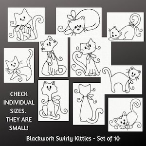 May include: A set of 10 blackwork embroidery designs featuring whimsical cats with swirling tails. The designs are small and perfect for adding a touch of charm to any project.