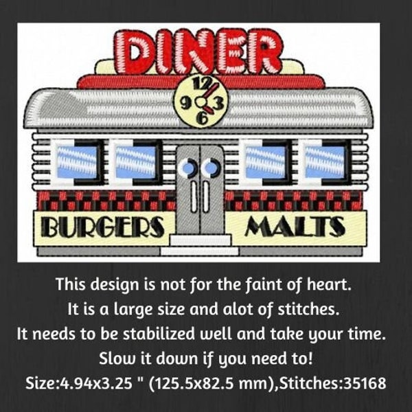 Retro Machine Embroidery, 50s Diner Embroidery Design, Vintage Themed Designs, 1950's Nostalgia, Retro Restaurant, Car Hop