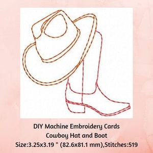 DIY Machine Borduurkaart Ontwerp, Cowboyhoed en Boot, Land Borduurontwerpen, Cardstock Borduurmotief, Geborduurde Geschenken