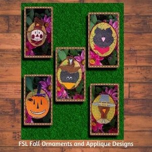 May include: Five colorful embroidered ornaments with fall themes. The ornaments feature a scarecrow, a black cat, a turkey, a pumpkin, and a bird. The ornaments are framed in brown with a stitched border.