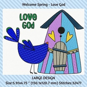 Machine Embroidery, Welcome Spring Embroidery Designs, Digital Download Embroidery File, Flower, Heart, Bird, Birdhouse, Love, Spring Design