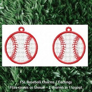 May include: Two red and white baseball charms or earrings. The charms are embroidered with white stitching and a red outline. The text below the charms reads "FSL Baseball Charms / Earrings Files comes as shown - 2 charms in 1 layout".