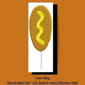 May include: A yellow corn dog on a stick with a squiggly line of yellow mustard. The corn dog is 0.88 inches by 2.50 inches (22.3 mm by 63.6 mm) and has 1825 stitches.