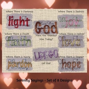 Op de afbeelding: Set van acht borduurmotieven met inspirerende citaten. De ontwerpen bevatten zinnen als "Waar duisternis is, is licht" en "Waar wanhoop is, is hoop".