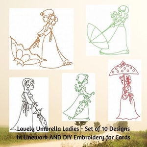 Instant Download DIY Machine Embroidery Card Design, Ladies with Umbrellas Card Design Set, Instant Download, Redwork Designs for Quilting