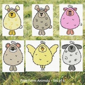 May include: Set of six embroidered prim farm animal designs. The animals include a bunny, a pig, a sheep, a chicken, and two different styles of a bear. The designs are all in a simple, cartoon style and are perfect for embroidery projects.