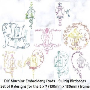 DIY Machine Embroidery Card Design, Swirly Birdcages, Instant Download, Exotic Bird Embroidery, Pet Store Design, Birds Embroidery