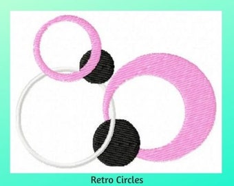 May include: Retro Circles embroidery design featuring overlapping pink and white circles with black circles in the center. Size: 3.04x2.30 inches (77.1x58.5 mm). Stitches: 4025.