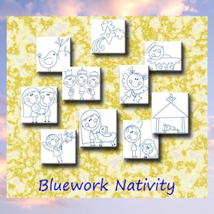 May include: A set of nine blue line drawings on white squares depicting the Nativity story. The images include a star, angel, shepherds, wise men, Mary, Joseph, baby Jesus, and a manger.