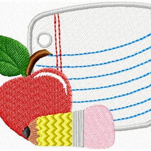 以下が含まれることがあります： 緑の葉のついた赤いリンゴ、黄色とピンクの鉛筆、白と青の罫線のある紙の束