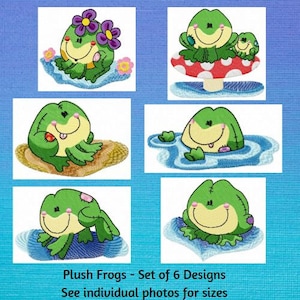 May include: Set of six embroidered plush frog designs. The frogs are in various poses, including sitting on a mushroom, swimming in a pond, and holding a ladybug. The designs are colourful and whimsical.