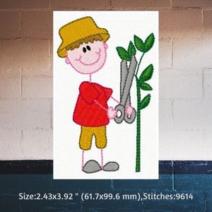 K&ouml;nnte beinhalten: Eine Cartoon-Illustration einer Person mit einem gelben Hut und einem roten Shirt, die eine Schere h&auml;lt und eine gr&uuml;ne Pflanze beschneidet. Das Bild ist 61,7 x 99,6 mm (2,43 x 3,92 Zoll) gro&szlig; und hat 9614 Stiche.