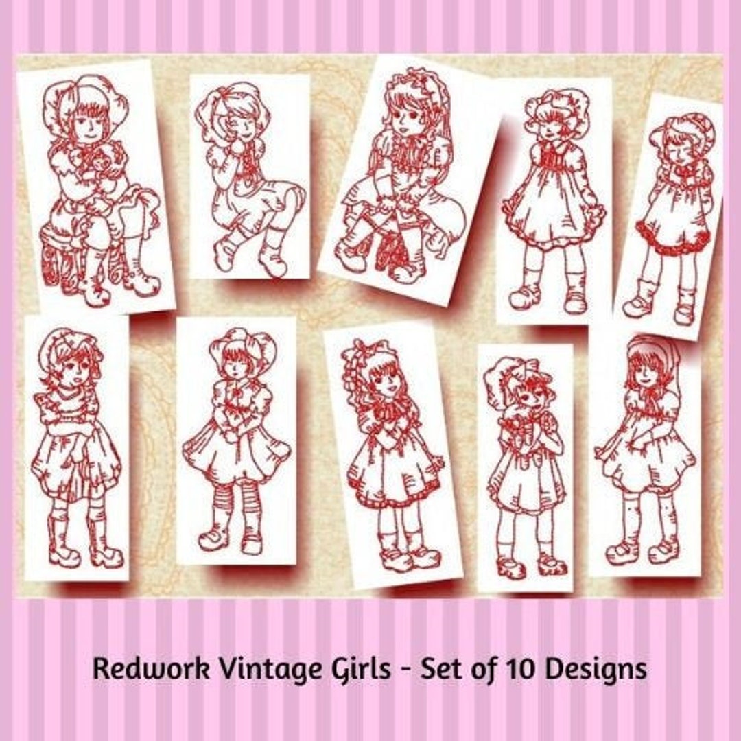 Digital Machine Embroidery Design, Redwork Vintage Girls Embroidery ...
