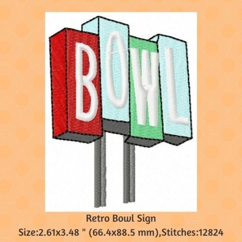 May include: Embroidered retro sign spelling "BOWL" in white on red, green, and blue rectangular shapes. The sign is mounted on gray posts. The text "Retro Bowl Sign" is below the sign.