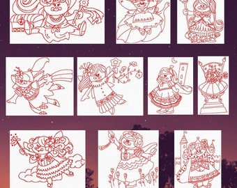 Puede incluir: Un conjunto de 10 diseños de bordado en punto de cruz rojo con princesas y hadas. Los diseños son todos de estilo caprichoso y presentan detalles intrincados.  "Princesses and Fairies Redwork Set of 10 Designs"