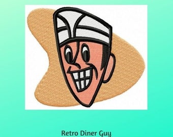 May include: A retro diner guy cartoon character with a white hat and a big smile. The character is embroidered on a tan background. The image includes the text "Retro Diner Guy" and "Size: 3.89x3.33" (98.9x84.5 mm), Stitches: 18585".