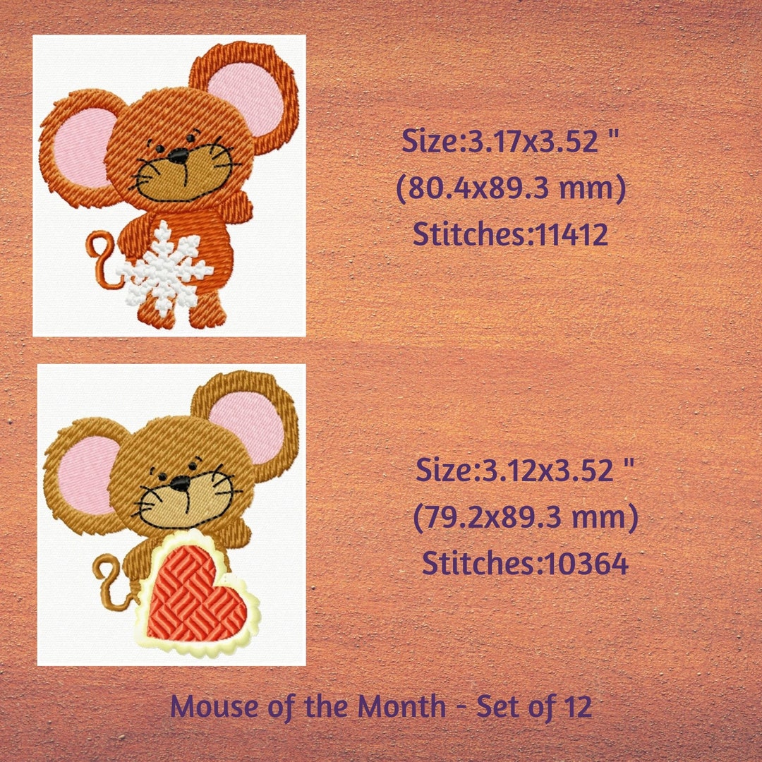 Embroidered Mouse Machine Embroidery, Mouse of the Month Embroidery Designs, Instant ...