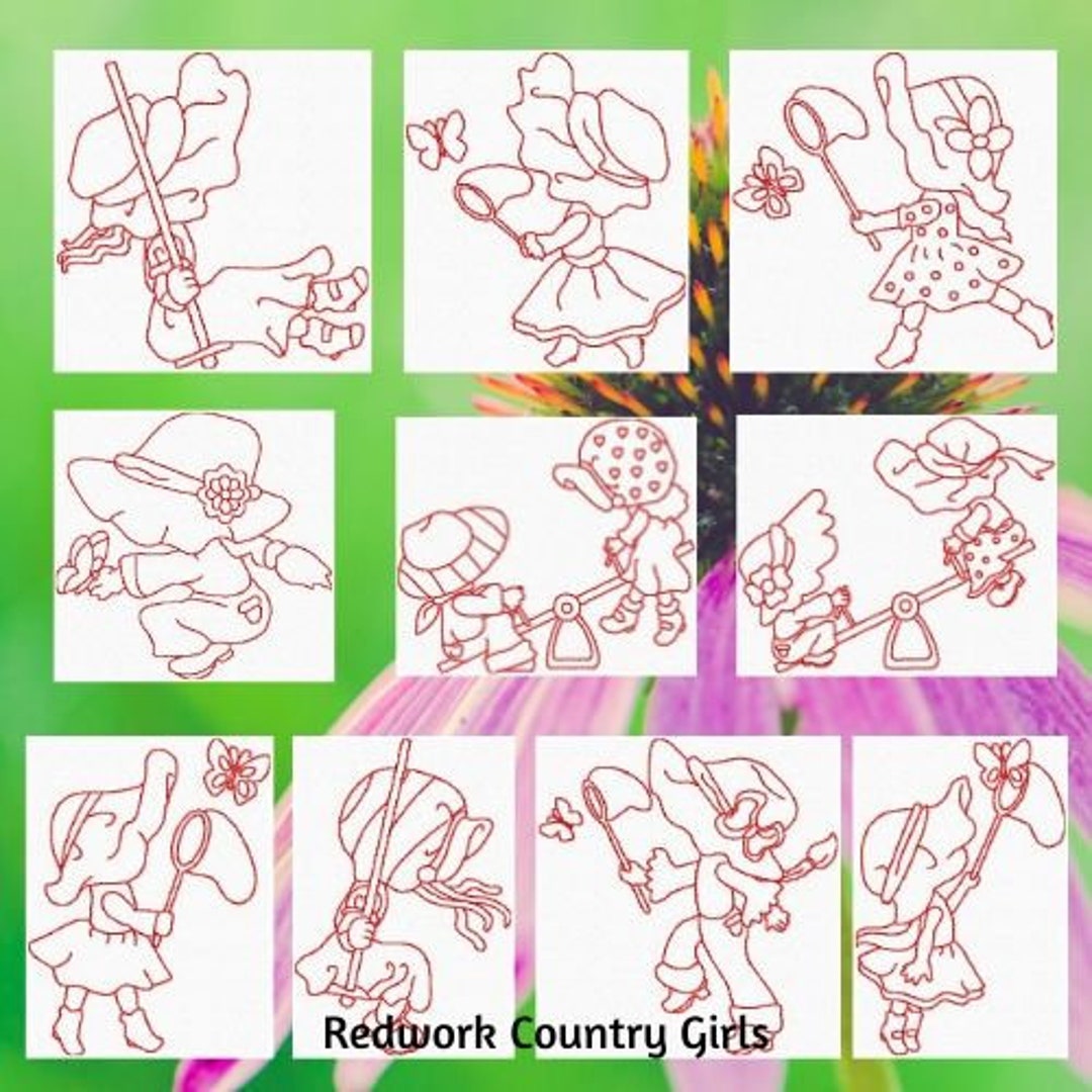 Machine Embroidery Instant Download, Redwork Country Girls Embroidery ...