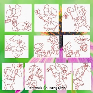 May include: Nine redwork embroidery designs featuring country girls engaged in various activities, including playing on a seesaw, catching butterflies, and swinging. The designs are outlined in red thread and feature simple details.