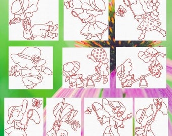 Machine Embroidery Instant Download, Redwork Country Girls Embroidery Designs, Linework, Summer Designs, Redwork Embroidery