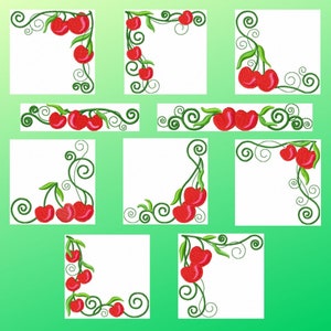 Pode incluir: Um conjunto de nove desenhos de bordado digital que apresentam cerejas vermelhas com folhas e videiras verdes. Os desenhos são perfeitos para adicionar um toque de verão aos seus projetos.