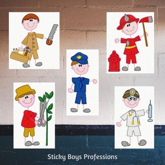 Machine Embroidery Designs, Stick Figure Boys Professions, Embroidery Designs Career Day, Hometown Hero Embroidery Set, Fireman, Policeman