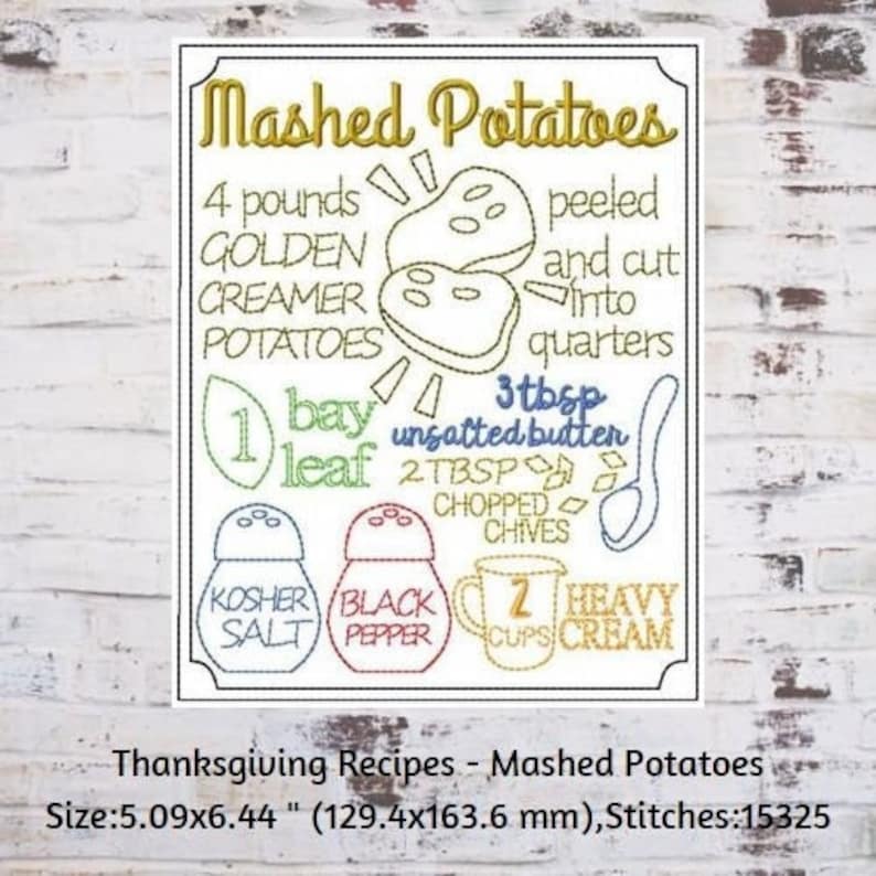 Machine Embroidery Kitchen Recipe Embroidery Design, Mashed Potatoes Recipe Design, Holiday designs, Kitchen Towel Embroidery image 1