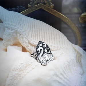 Swan sterling silver ring. Celestial jewelry, Moon, stars by the lake. Magical, fantasy, faerie aesthetic. Solid hand crafted artistic ring.