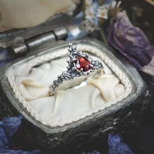 Può includere: Un anello d'argento con una gemma rosso scuro a forma di goccia. L'anello ha una fascia ornata e strutturata ed è presentato in un portagioie vintage grigio, foderato con tessuto color crema. Fiori secchi circondano l'anello.