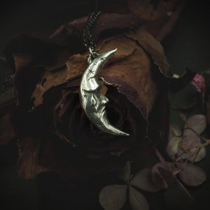 Crying Moon necklace, Sad Mr Moon sterling silver pendant. Celestial, Victorian aesthetic. Crescent Moon face, handcrafted magical jewelry.
