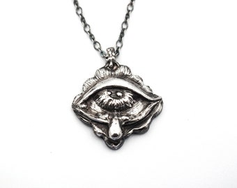 sterling silver crying eye necklace, victorian style detailed pendant, gothic hand carved witchy, dark aesthetic solid silver jewelry