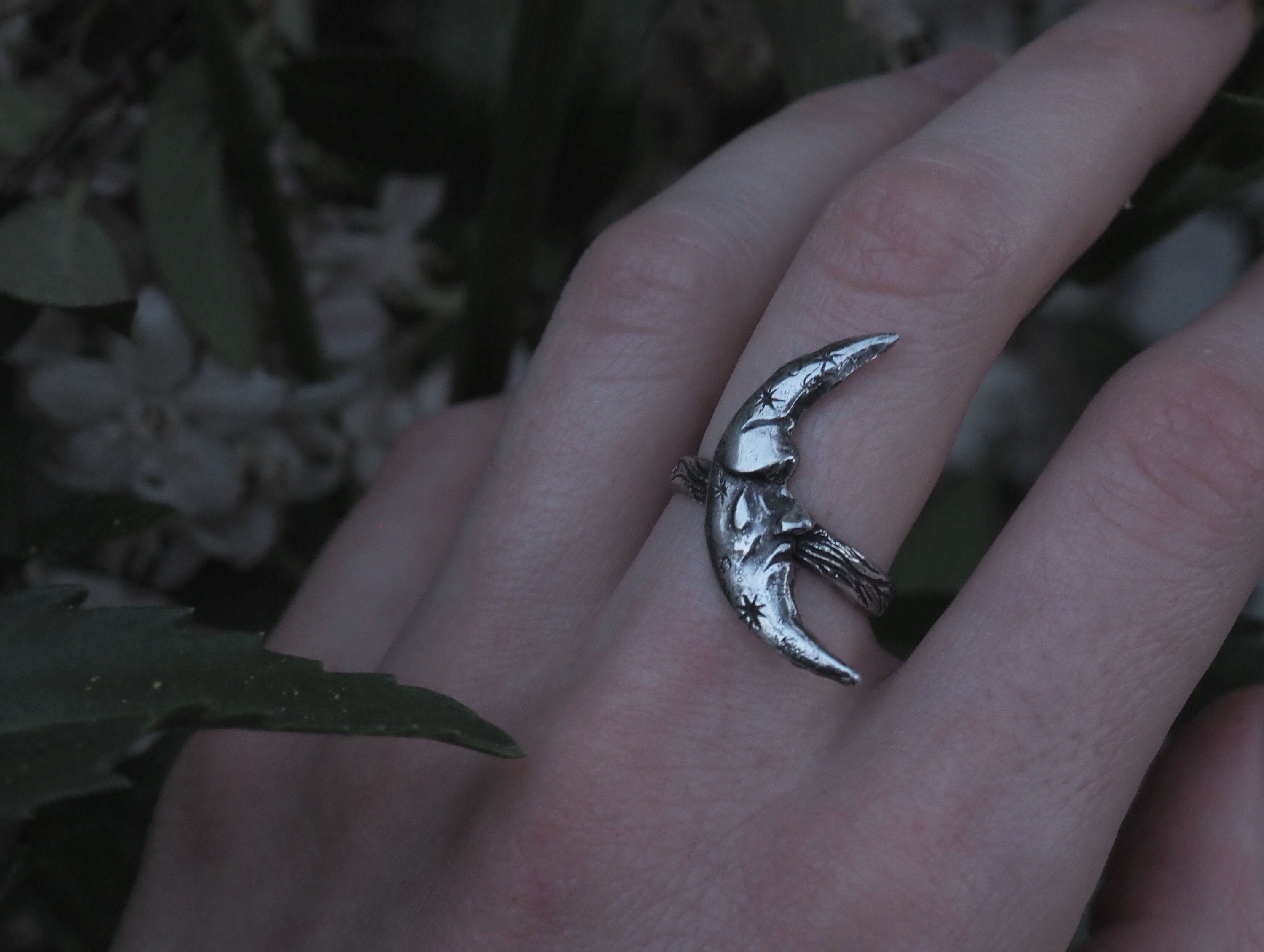 Crescent Moon Sterling Silver Ring, Sleeping Sad Mr Moon Face Ring ...