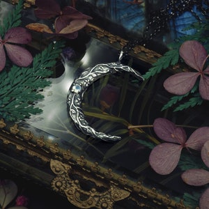 May include: A silver crescent moon pendant necklace with a delicate floral design and a blue gemstone. The necklace is displayed in a vintage-style box with dried flowers.