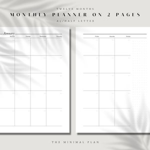 Monthly Planner Printable,  Undated Month on 2 Pages, Calendar, Month At a Glance, A5/Half Letter, Instant Download