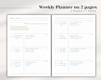 Weekly Planner, Week on 2 Pages, Week At a Glance, Weekly Schedule, Weekly Agenda, Minimal Weekly Planner Printable, Weekly Planner Inserts
