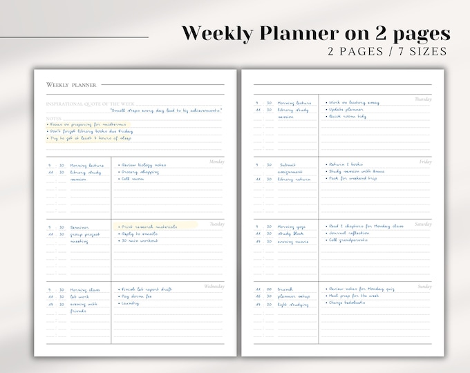 Weekly Planner Insert Printable (letter, A4, A5, and Half Letter Size ...