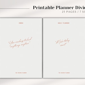 May include: Printable planner divider with two pages. The left page says "INDEX" and includes the quote "Your roadmap to find anything, anytime." The right page says "DAILY PLANNER" and includes the quote "Make today count."