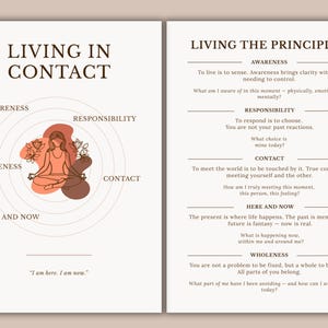 Op de afbeelding: Een print van twee pagina's met de titels "Living in Contact" en "Living the Principles". De linkerpagina toont een vrouw in een yogahouding in concentrische cirkels. De rechterpagina bevat tekst over bewustzijn, verantwoordelijkheid en contact.