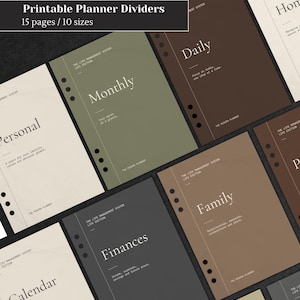 Op de afbeelding: Een collectie printbare planner-verdelers in diverse aardetinten zoals olijfgroen, donkerbruin, beige en antracietgrijs. Elke verdeler bevat een categorietitel, beschrijvende tekst en drie ponsgaten aan de linkerzijde.