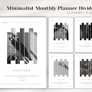 Minimalist Monthly Planner Dividers – 12 Black and White Dashboard Covers with Quotes | Printable Planner Section Pages in 9 Sizes