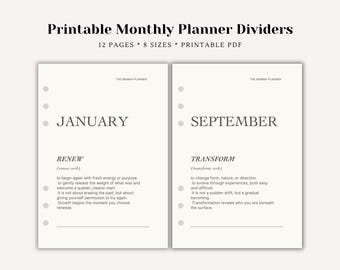 May include: Two white printable monthly planner divider pages with black text. The top reads Printable Monthly Planner Dividers, 12 Pages * 8 Sizes * Printable PDF. Each page features a month name, The Minima Planner, and a dictionary-style definition.